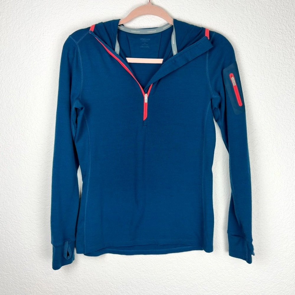 Icebreaker Terra Long Sleeve Half Zip Hood Merino Wool Jacket Blue Small - Picture 3 of 8